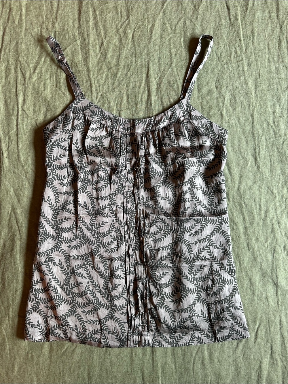 100% Silk Leaf-Print Bronze & Green Tank Top